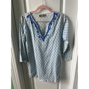 Rock Flower Paper Womens Blue Green White Top Embroidered Lightweight Tunic Sz S
